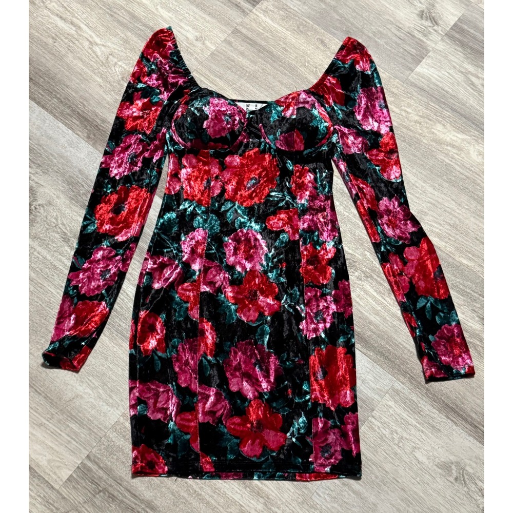 Madden NYC Floral Velvet Bodycon Mini Dress Long Sleeve Party XS‎